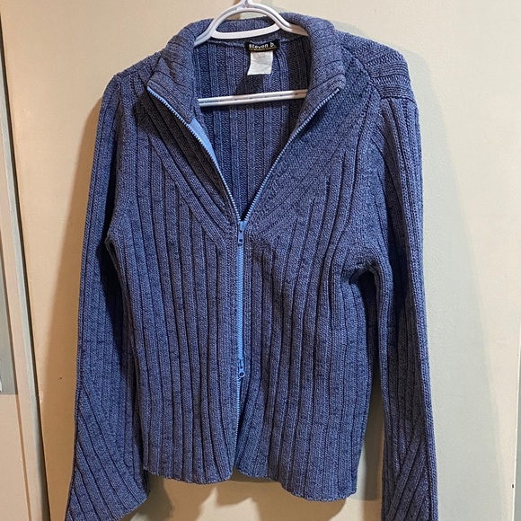 Ribbed Blue Zip-Up Cardigan by - Picture 1 of 6